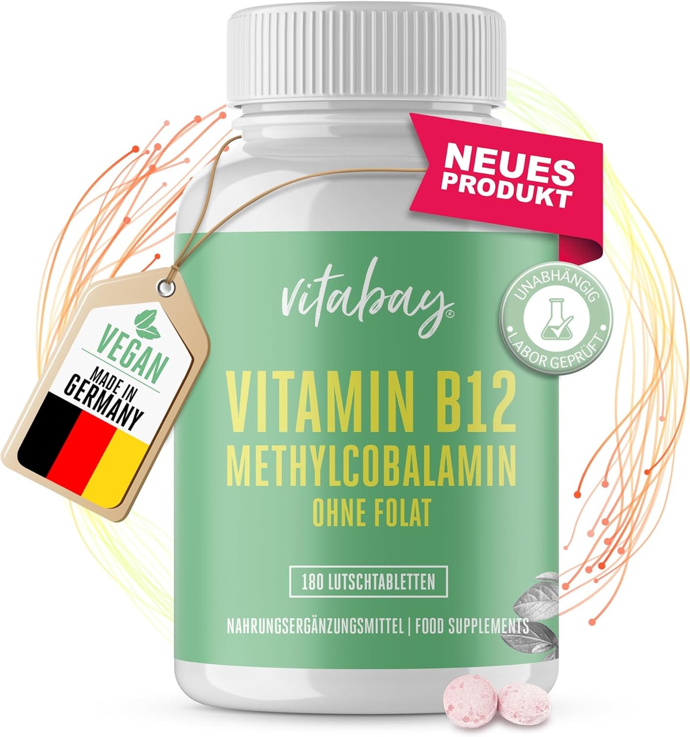 Produktbild von Bewertung Vitabay Vitamin B12 500 µg Lutschtabletten hochdosiert ohne Folat 360 vegane Tabletten Vitamin B12 vegan Methylcobalamin Tabletten