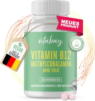 Produktbild von Bewertung Vitabay Vitamin B12 500 µg Lutschtabletten hochdosiert ohne Folat 360 vegane Tabletten Vitamin B12 vegan Methylcobalamin Tabletten