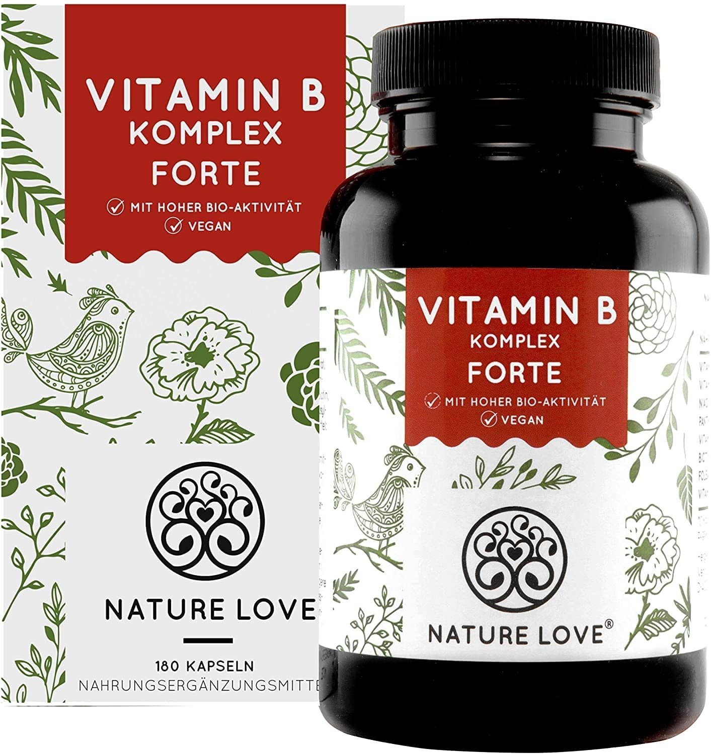 Produktbild von NATURE LOVE Vitamin B Komplex Forte Mit 500 µg Vitamin B12 pro Tagesdosis 180 Kapseln (6 Monate) Mit bio-aktiven Vitamin B Formen - bis zu 10-fach höher dosiert als andere Vitamin B Komplexe
