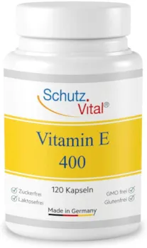 Produktbild von Schutz Vital Vitamin E Kapseln hochdosiert - Premium Qualität - 120 Softgel mit hochwertigem Vitamin E 400 IE - Ohne Allergene, Anti Oxidant, Anti Aging - Laborgeprüft - empfohlen von vergleich.org