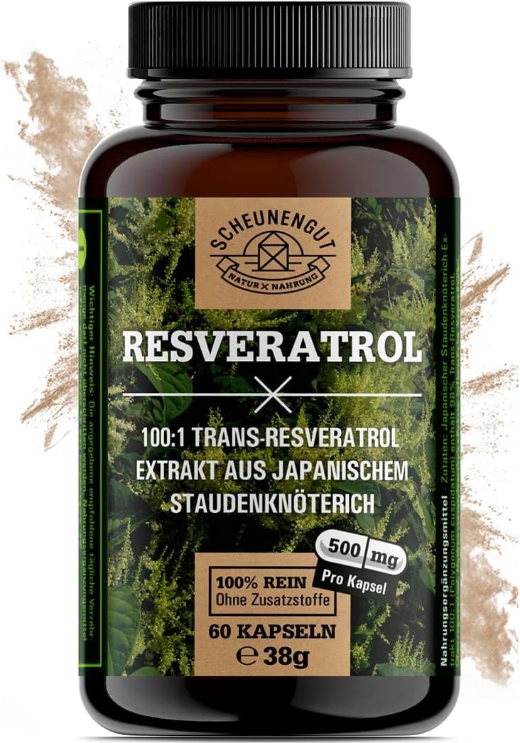 SCHEUNENGUT® Resveratrol 1000mg je Tagesdosis WICHTIG: 100:1 Extrakt (= 50.000mg jap. Staudenknöterich Wurzel je Dosis) + Piperin I 98% Trans-Resveratrol Hochdosiert I Laborgeprüft I aus DE I SCHEUNENGUT®