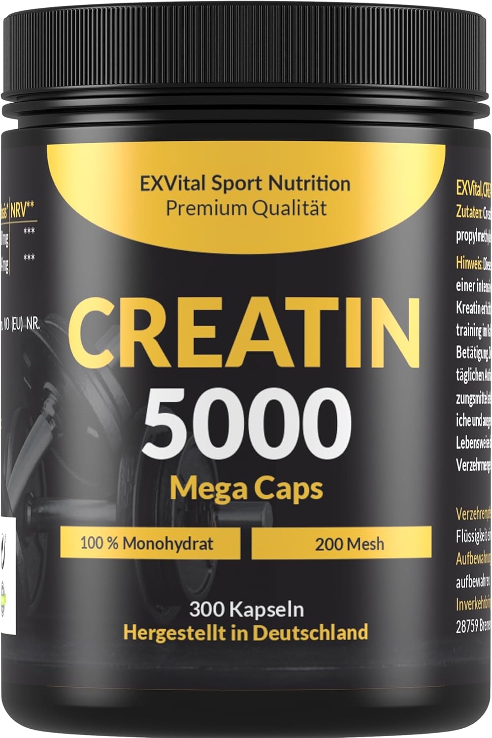 Produktbild von Bewertung EXVital Creatin 5000 Mega Caps 5000 mg Creatin Monohydrat pro Tagesdosis 300 vegane Kapseln 100% rein mit Mesh Faktor 200 Vegan laborgeprüft