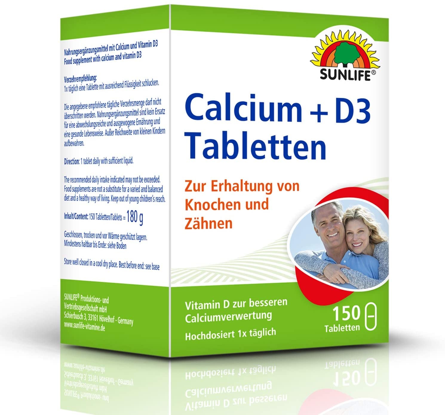 Produktbild von SUNLIFE - Calcium + D3 Tabletten: Nahrungsergäzungsmittel mit Calcium und Vitamin D3, 150 Tabletten