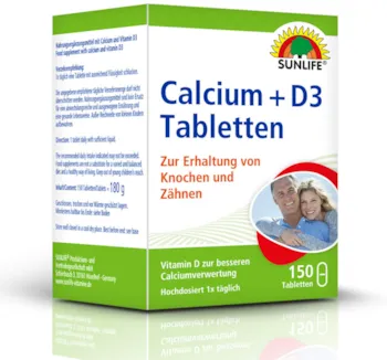 Produktbild von SUNLIFE - Calcium + D3 Tabletten: Nahrungsergäzungsmittel mit Calcium und Vitamin D3, 150 Tabletten