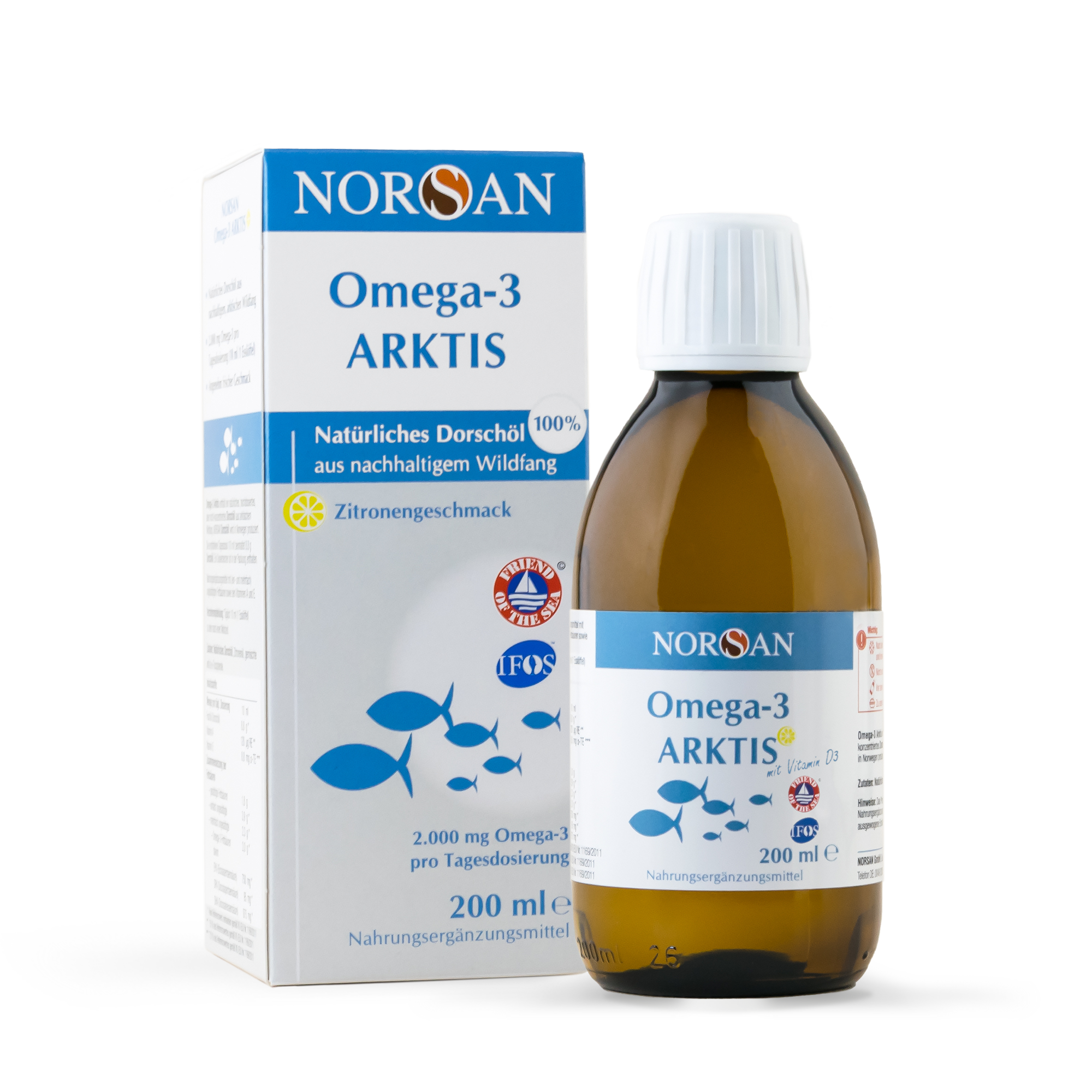 Produktbild von Bewertung NORSAN Omega 3 Arktis Dorschöl 750 mg EPA und 975 mg DHA Vitamin D3 Vitamin A Vitamin E hochdosiert 2.000mg Omega 3 pro Portion mit Zitronengeschmack