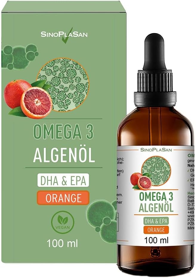 Produktbild von Bewertung Sinoplasan Omega 3 Algenöl mit 998mg DHA & 535mg EPA pro 2.5ml 100 ml DIE VEGANE ALTERNATIVE ZU FISCHÖL Blutorange