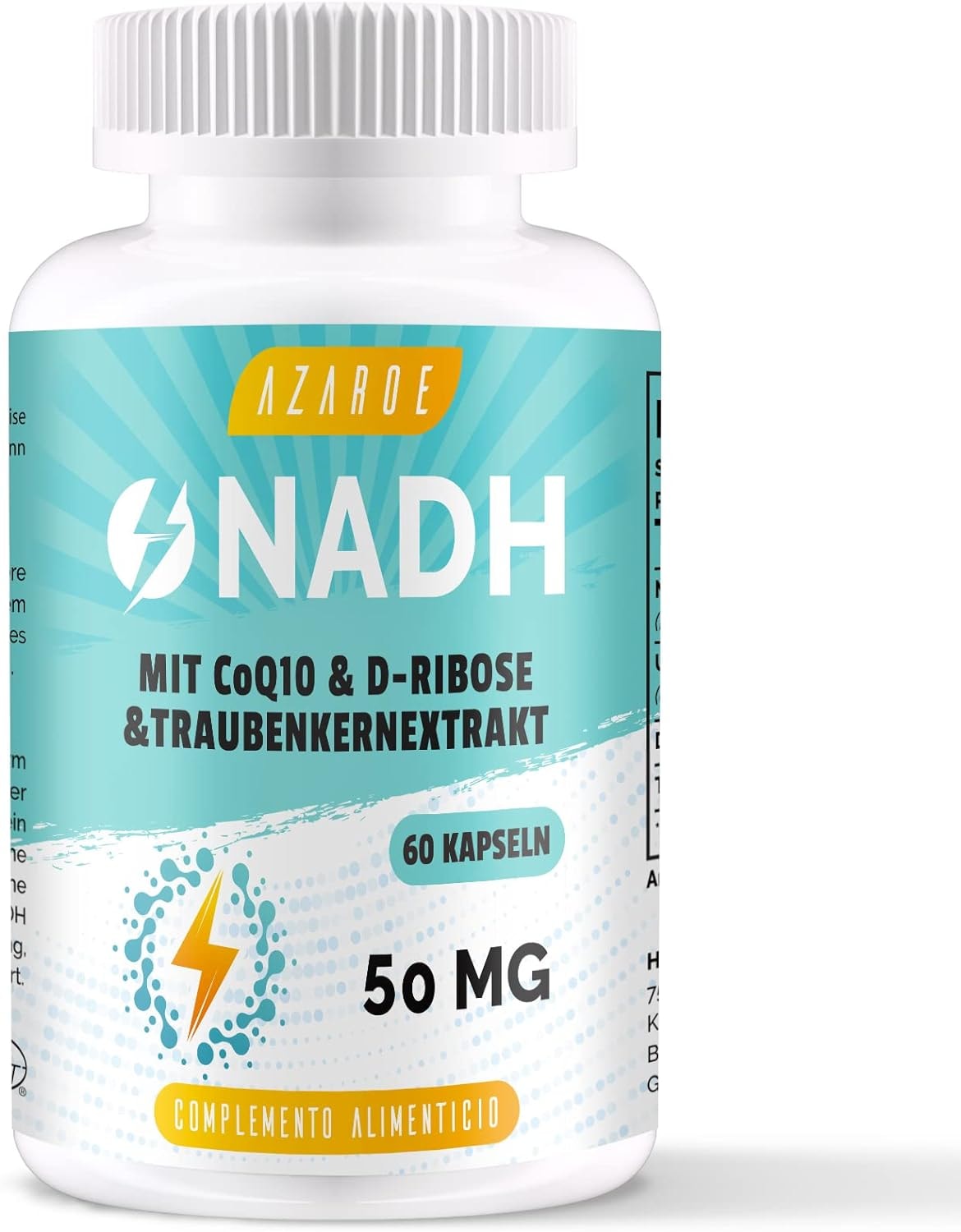 Produktbild von Bewertung AZAROE NADH 50mg Hochdosiert Zusammengesetzte Formel mit Coenzyme Q10 für Zelluläre Energie, Antioxidantien-Unterstützung und ATP-Produktion, 60 Kapseln (1er Pack)