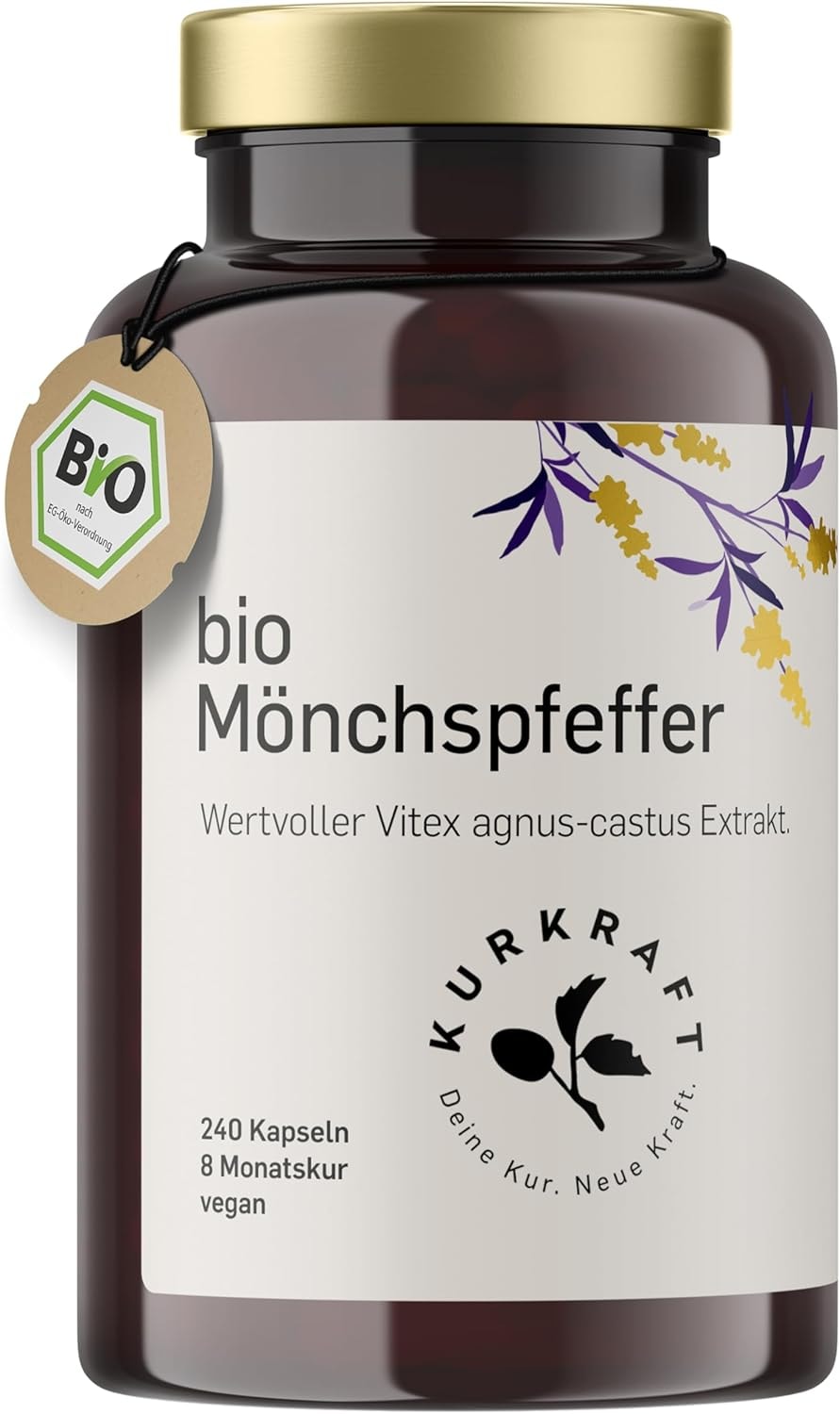 Produktbild von Bewertung KURKRAFT BIO Mönchspfeffer Kapseln hochdosiert gut bei PMS Menstruationsbeschwerden aus ökologischer Landwirtschaft Frankreich sorgfältig in Deutschland produziert