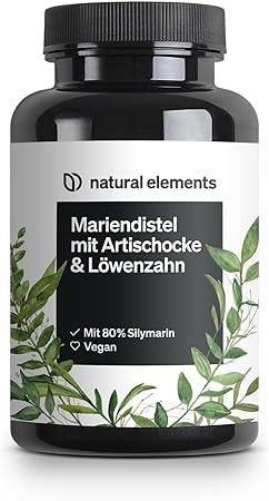Produktbild von Bewertung natural elements Mariendistel Artischocke Löwenzahn Komplex 120 Kapseln Hochdosiert mit 80% Silymarin ohne Magnesiumstearat vegan und produziert in Deutschland