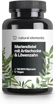 Produktbild von Bewertung natural elements Mariendistel Artischocke Löwenzahn Komplex 120 Kapseln Hochdosiert mit 80% Silymarin ohne Magnesiumstearat vegan und produziert in Deutschland
