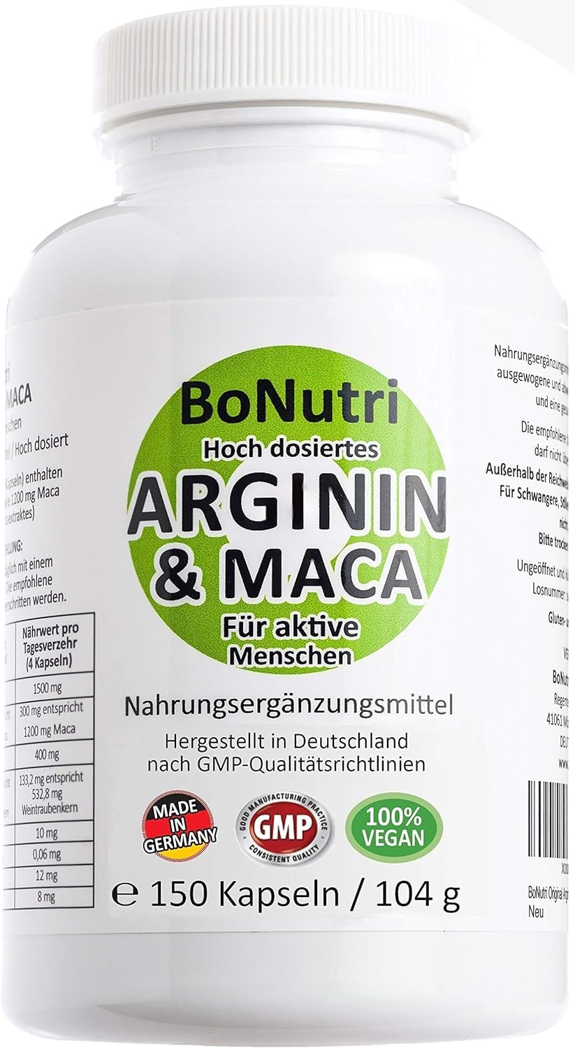 Produktbild von Bewertung BoNutri Maca 3600 mg Arginin 3000 mg 150 vegane Kapseln Qualität aus Deutschland Ohne Magnesiumstearat Vegan Glutenfrei Laktosefrei