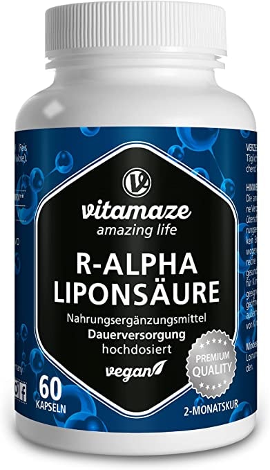 Vitamaze - R-Alpha-Liponsäure hochdosiert, 200 mg je Kapsel, vegan, 2 Monatskur, natürliche Form der Thioctsäure, Qualitätsprodukt, Bioaktive Nahrungsergänzung ohne unnötige Zusätze, Made in Germany