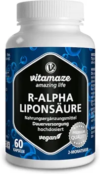 Produktbild von Bewertung Vitamaze amazing life R-Alpha-Liponsäure hochdosiert 200 mg je Kapsel vegan 2 Monatskur natürliche Form der Thioctsäure Qualitätsprodukt Bioaktive Nahrungsergänzung ohne unnötige Zusätze Made in Germany