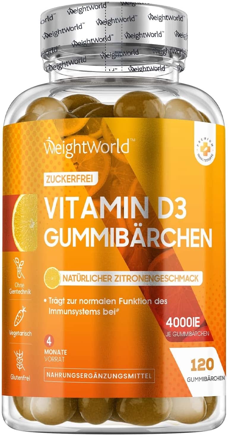 Produktbild von WeightWorld Vitamin D3 Gummies 4000 IE - 120 Stück mit Zitronengeschmack - 1 Vitamin Gummibärchen alle 4 Tage - Zuckerfrei, Vegetarisch & Ohne Gelatine - Vitamin D Nahrungsergänzungsmittel - WeightWorld