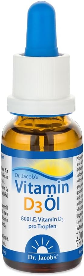 Produktbild von Bewertung Dr. Jacobs Vitamin D3 Öl Tropfen 800 IE 20ml ideal dosierbar für die ganze Familie auch Kleinkinder für Immunsystem Muskeln und Knochen Apotheken-Qualität