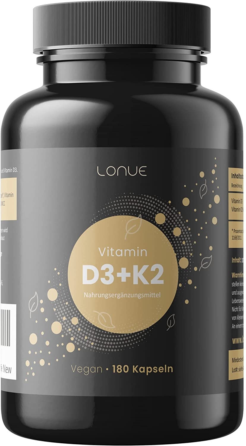 Produktbild von Lonue Vitamin D3 + K2 Kapseln 5000 I.E. D3 / 100 µg K2 MK7 - Premium-Qualität mit K2VITAL® mit 99,7% MK-7 All-Trans - 180 Kapseln Vitamin D3 + K2 - vegan, hochdosiert, laborgeprüft, ohne Zusatzstoffe