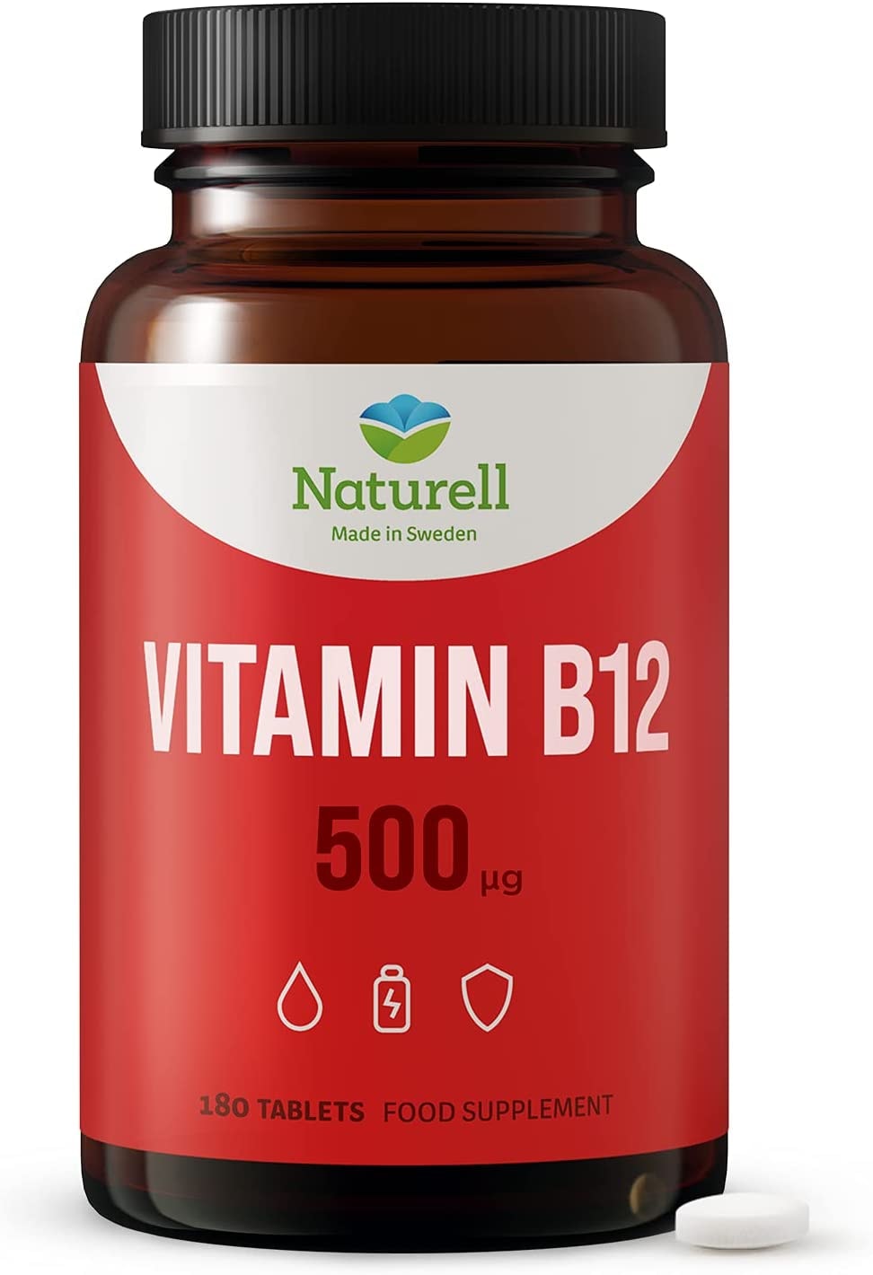 Produktbild von Naturell Vitamin B12 500 µg -180 Tabletten -aktive Form von Vitamin B12: Methylcobalamin- hergestellt in Schweden