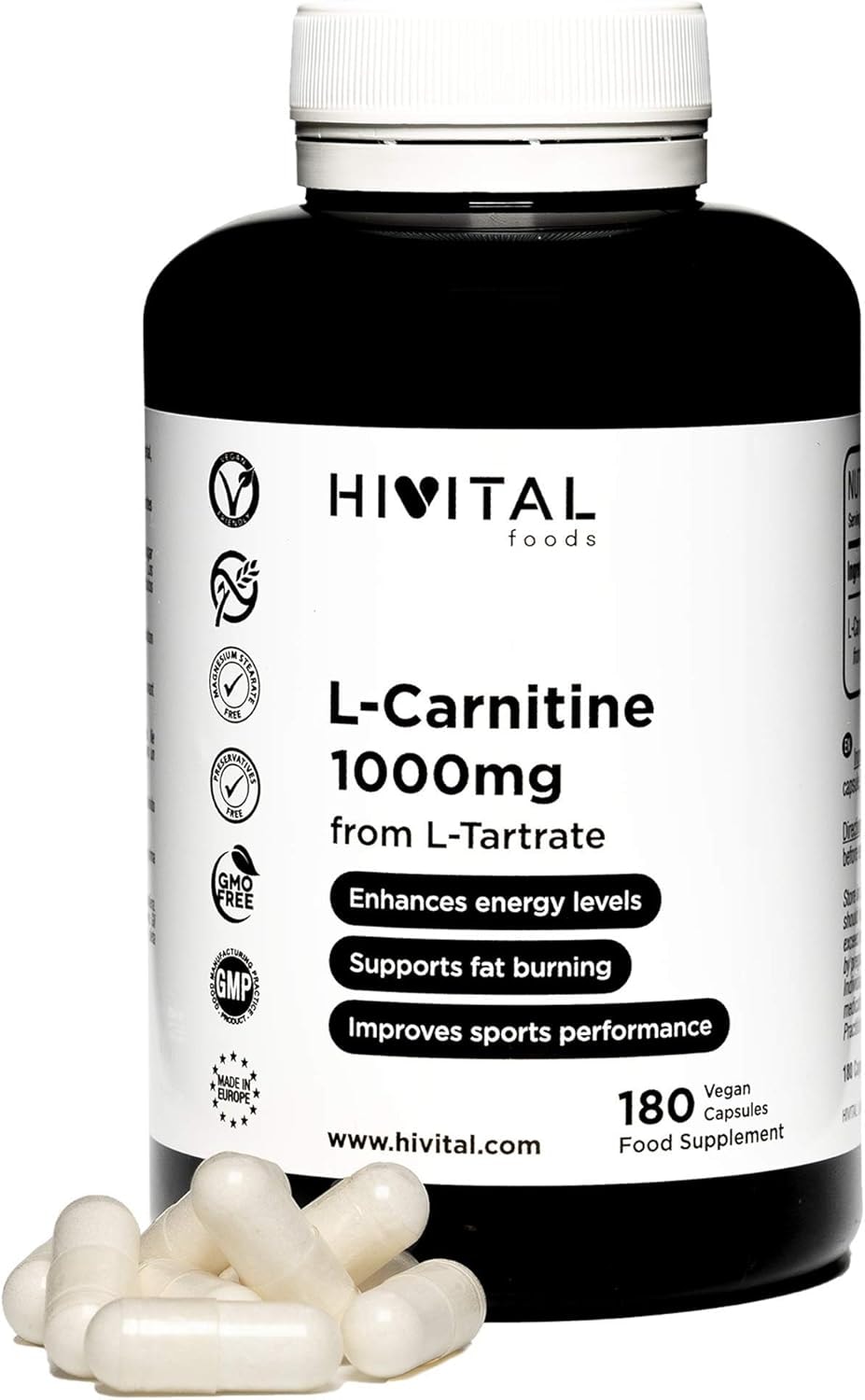 Produktbild von Bewertung Hivital Foods L-Carnitin 1000 mg 180 vegane Kapseln L Carnitin hilft bei der Gewichtsabnahme und Fettverbrennung steigert Ausdauer und Energie verbessert die Muskel- und Sportleistung