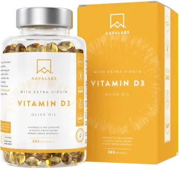 AAVALABS Vitamin D3 Cholecalciferol Hochdosiert Depot 5000 IU - Kaltgepresstes natives Olivenöl extra für optimale Absorption - Ohne Gentechnik, glutenfrei und laktosefrei - 365 Kapseln