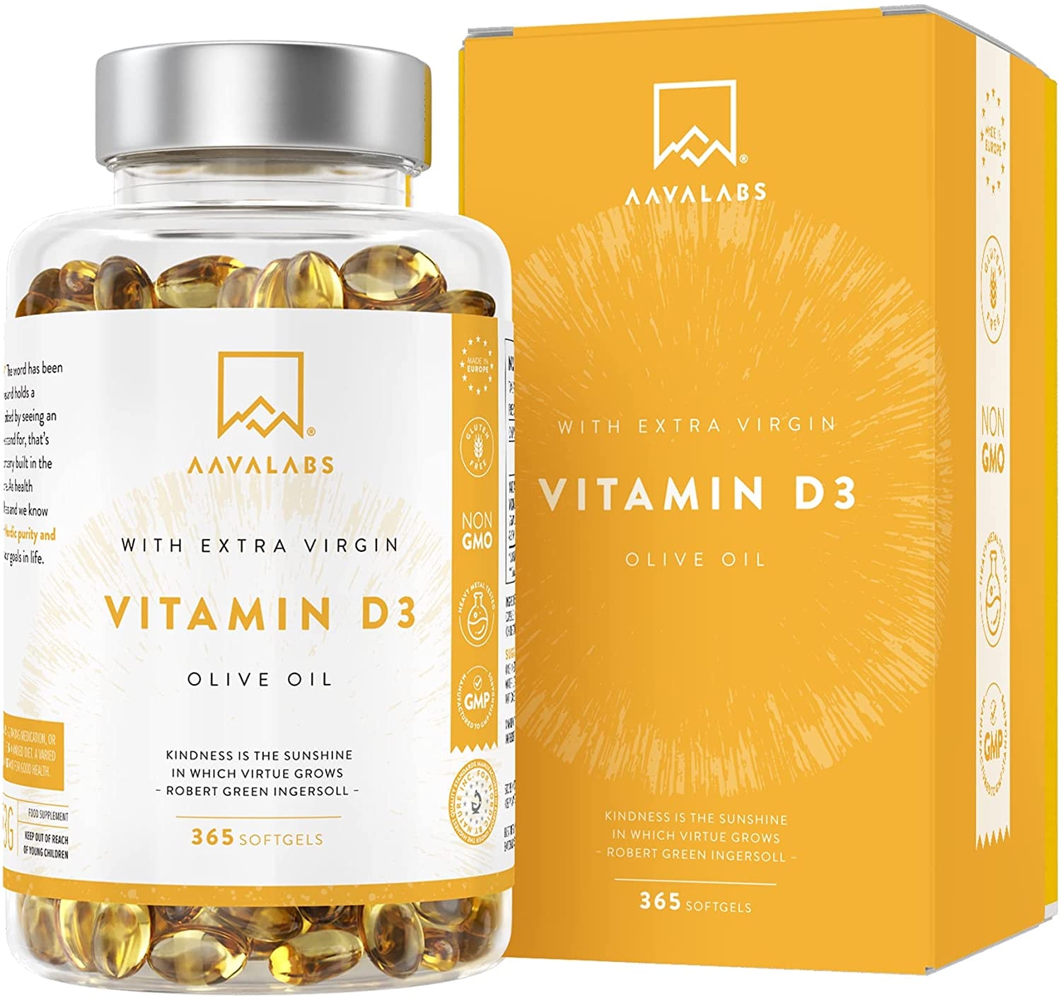 Produktbild von Bewertung AAVALABS Vitamin D3 im Expertencheck Cholecalciferol Hochdosiert Depot 5000 IU Kaltgepresstes natives Olivenöl extra für optimale Absorption - Ohne Gentechnik, glutenfrei und laktosefrei - 365 Kapseln