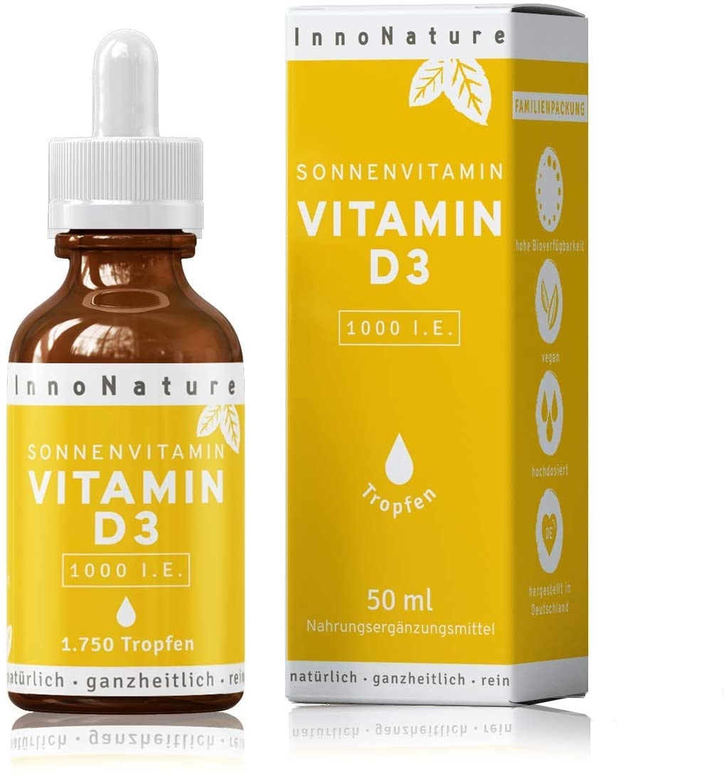 InnoNature Vitamin D3 (Cholecalciferol) 1.750 Tropfen (1000 I.E. / 25µg) 50ml Flasche. Natives Olivenöl mit Vitamin D3 aus Flechten. Laborgeprüft, hohe Verwertbarkeit, hochdosiert, vegan und hergestellt in DE.