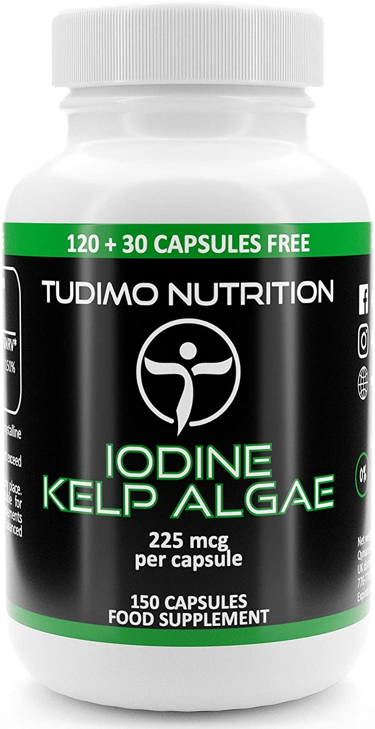 Produktbild von TUDIMO - Jod Kelp Algen Extrakt Kapseln 225 mcg - 150 Stück (5 Monatsvorrat) an Schnell Auflösende Jod Tabletten, mit je 225mcg an Hochdosiertes Iodine Supplement Extract Pulver