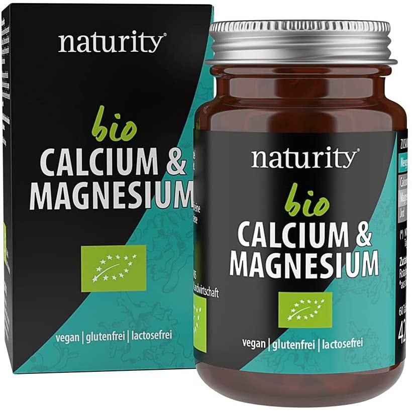Produktbild von naturity BIO CALCIUM & MAGNESIUM, für Knochen, Muskeln und Zähne, hochdosierte Tabletten mit Calcium, Magnesium und natürlichem Jod, unterstützt Haut-Gesundheit, vegan und natürlich (60 Tabletten)