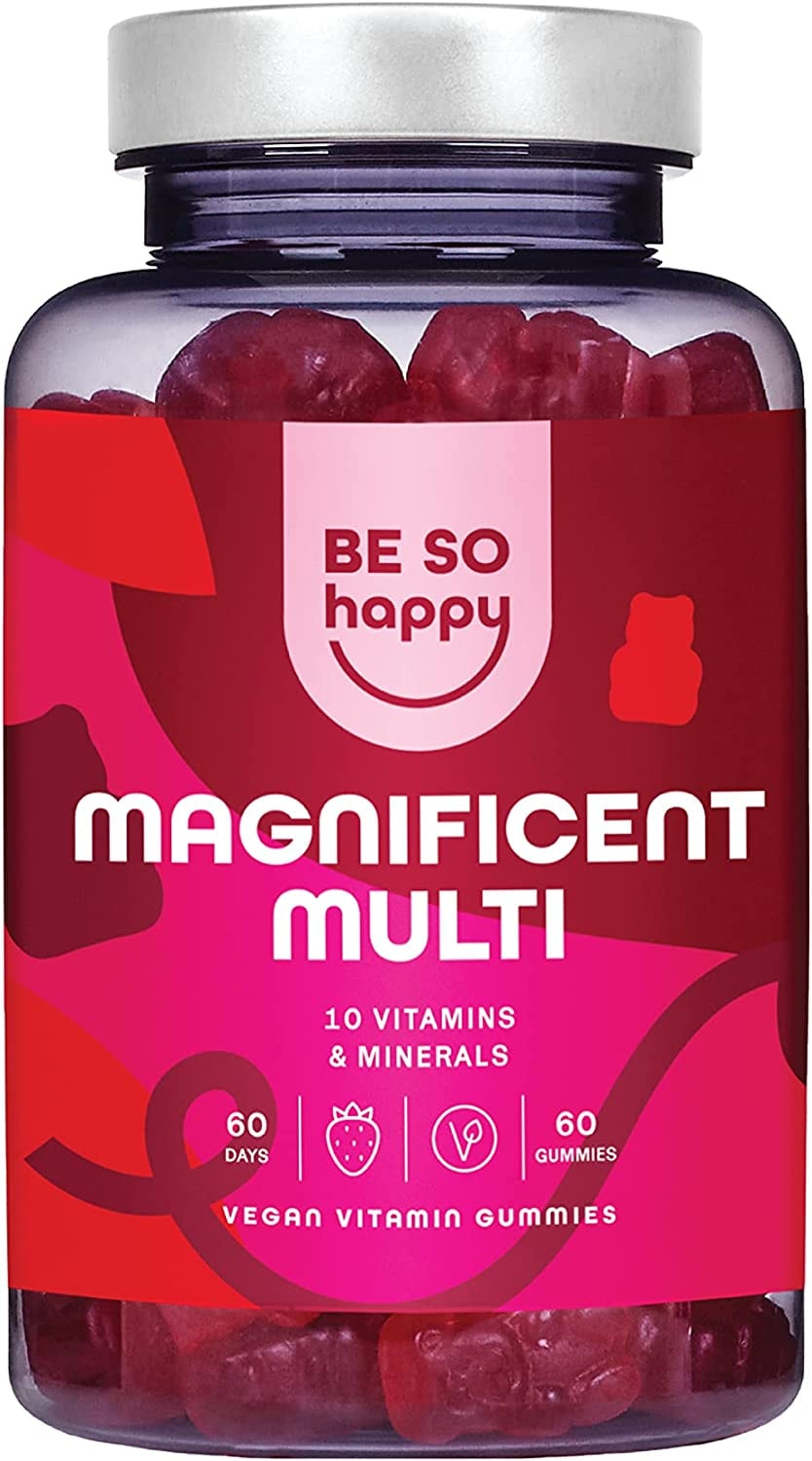 Produktbild von BE SO HAPPY - Multivitamin Gummis mit 10 essentiellen Vitaminen und Mineralien | Vitamine A, B6, B12, C, D, E, Biotin und mehr | Erdbeergeschmack | 60 Kaubonbons | Laktose- und glutenfrei | BeSoHappy®