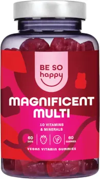 Produktbild von BE SO HAPPY - Multivitamin Gummis mit 10 essentiellen Vitaminen und Mineralien | Vitamine A, B6, B12, C, D, E, Biotin und mehr | Erdbeergeschmack | 60 Kaubonbons | Laktose- und glutenfrei | BeSoHappy®