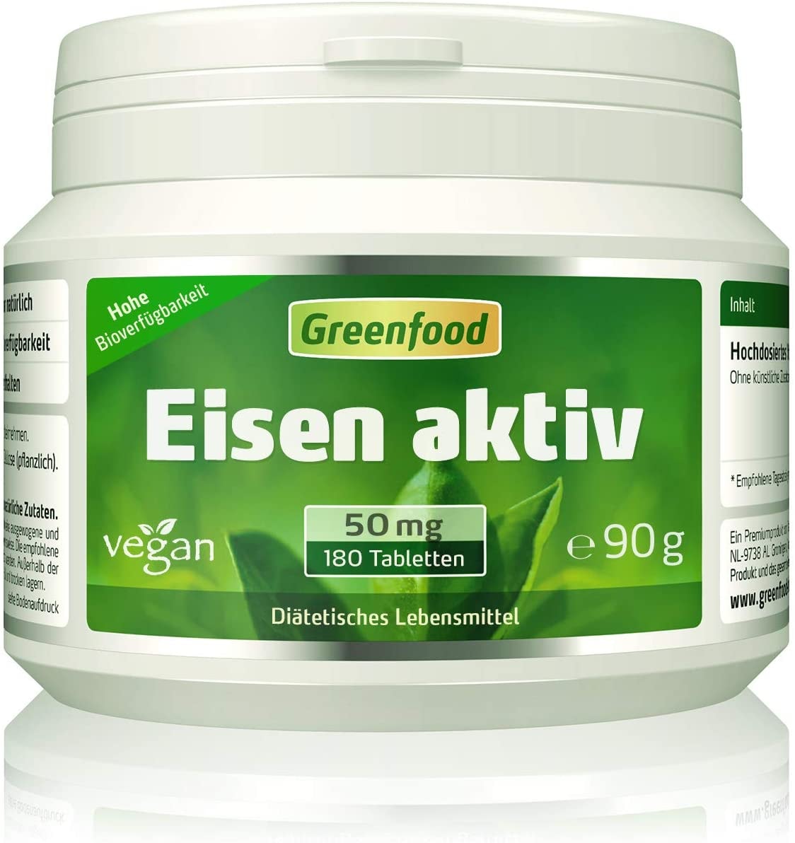 Produktbild von Greenfood Eisen aktiv, 50 mg, extra hochdosiert, 180 Tabletten, hohe Verfügbarkeit