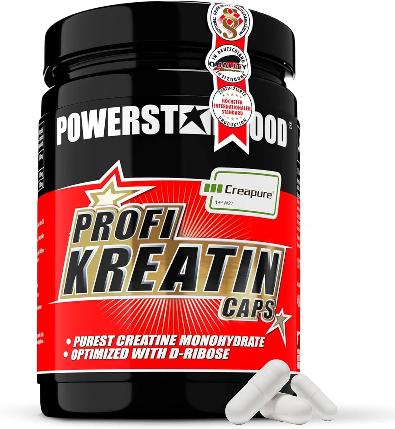 Produktbild von Bewertung Powerstar PROFI KREATIN CAPS hochdosiert 500 Kapseln Creatin-Monohydrat Deutsche Herstellung 100% reinstes Creapure D-Ribose Kraft & Ausdauer im Training 1 Dose für 3 volle Monate