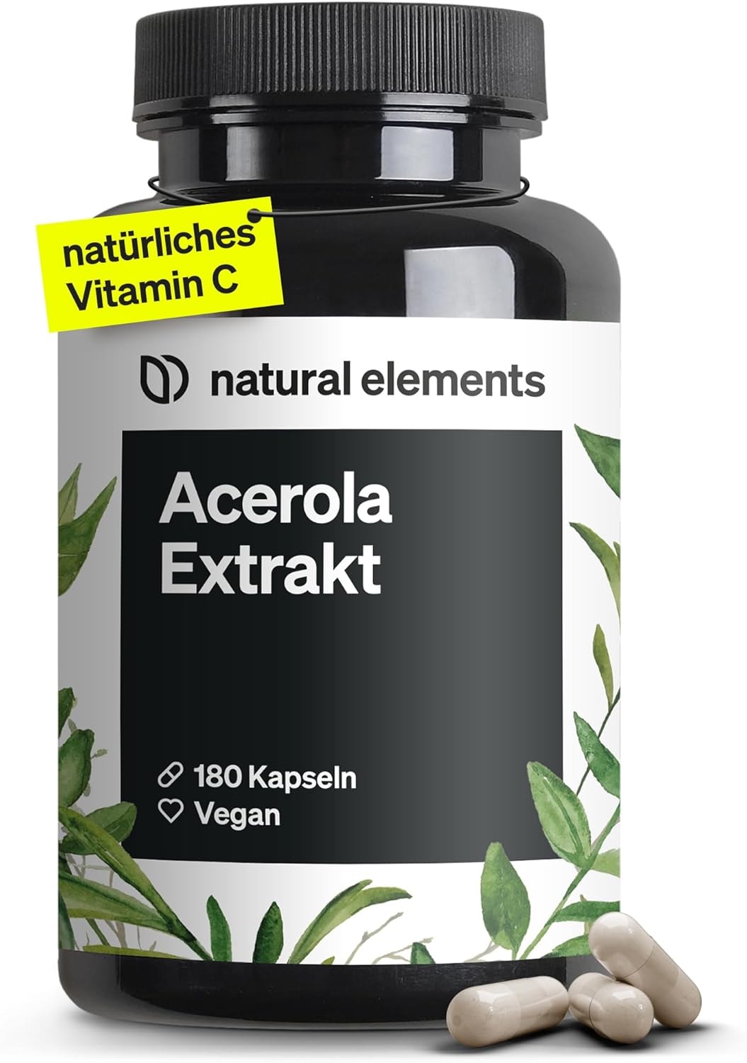 Produktbild von natural elements Acerola Kapseln Natürliches Vitamin C 180 vegane Kapseln für 6 Monate Laborgeprüft ohne unerwünschte Zusätze