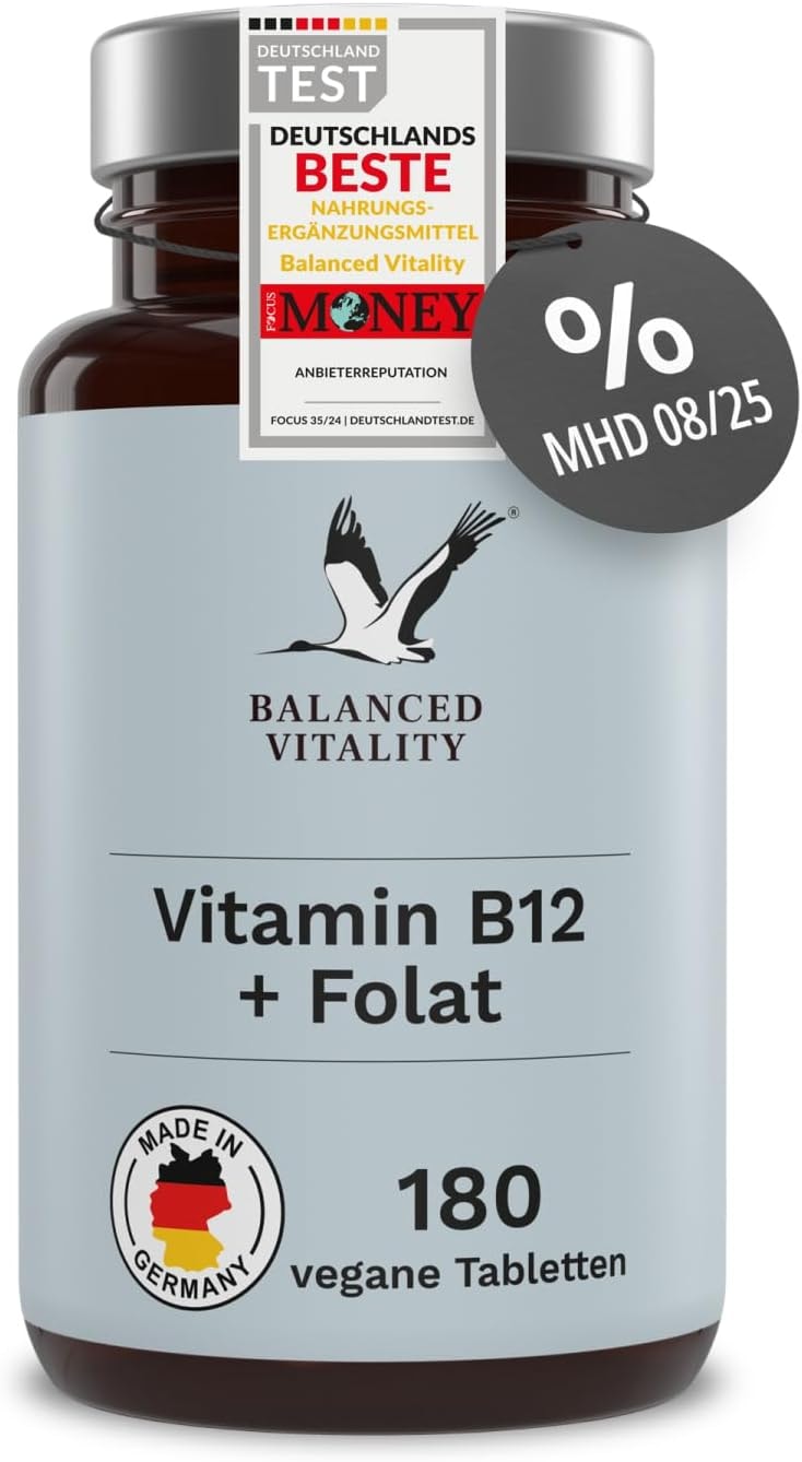 Produktbild von Bewertung BALANCED VITALITY Vitamin B12 Folsäure Depot mit bioaktiv Formen ohne Zusatzstoffe laborgeprüft 180 vegane Kapseln Made in Germany
