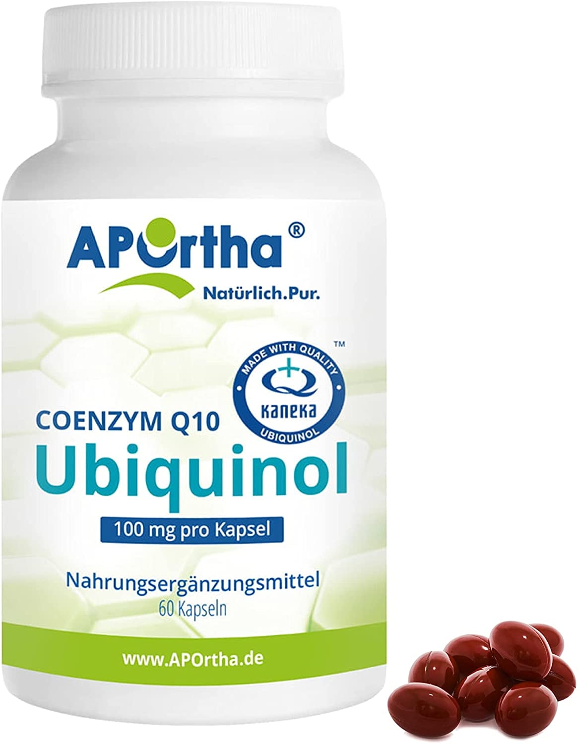 Produktbild von APOrtha Kaneka Ubiquinol Coenzym Q10 100 mg 60 Kapseln I CoQ10 Kapseln hochdosiert 100mg I Hohe Bioverfügbarkeit durch bioaktives Ubiquinol I 2-fach Patentierter Rohstoff I Tagesdosis 1 Kapsel