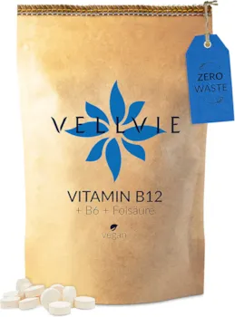 VELLVIE - Vitamin B12 + B6 + Folsäure Tabletten Zero Waste & Plastikfrei von VELLVIE | Methylcobalamin 180 Stk. mit 500 µg B12 - Vegan Nachhaltig | Nachfüllpack