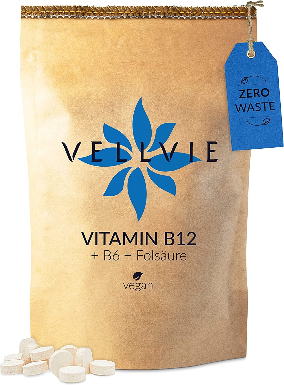 Produktbild von VELLVIE - Vitamin B12 + B6 + Folsäure Tabletten Zero Waste & Plastikfrei von VELLVIE | Methylcobalamin 180 Stk. mit 500 µg B12 - Vegan Nachhaltig | Nachfüllpack