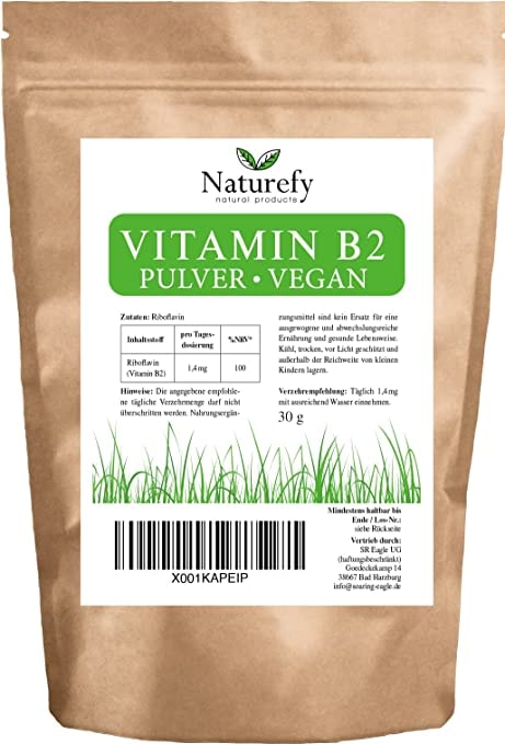 Produktbild von Naturefy Vitamin B2 Pulver - Riboflavin Pulver - 30g Reines Riboflavin Als Vitamin B2 - Allergenfrei - Vegan - Geprüft In Deutschland - Produziert In Deutschland - Ohne Zusatzstoffe