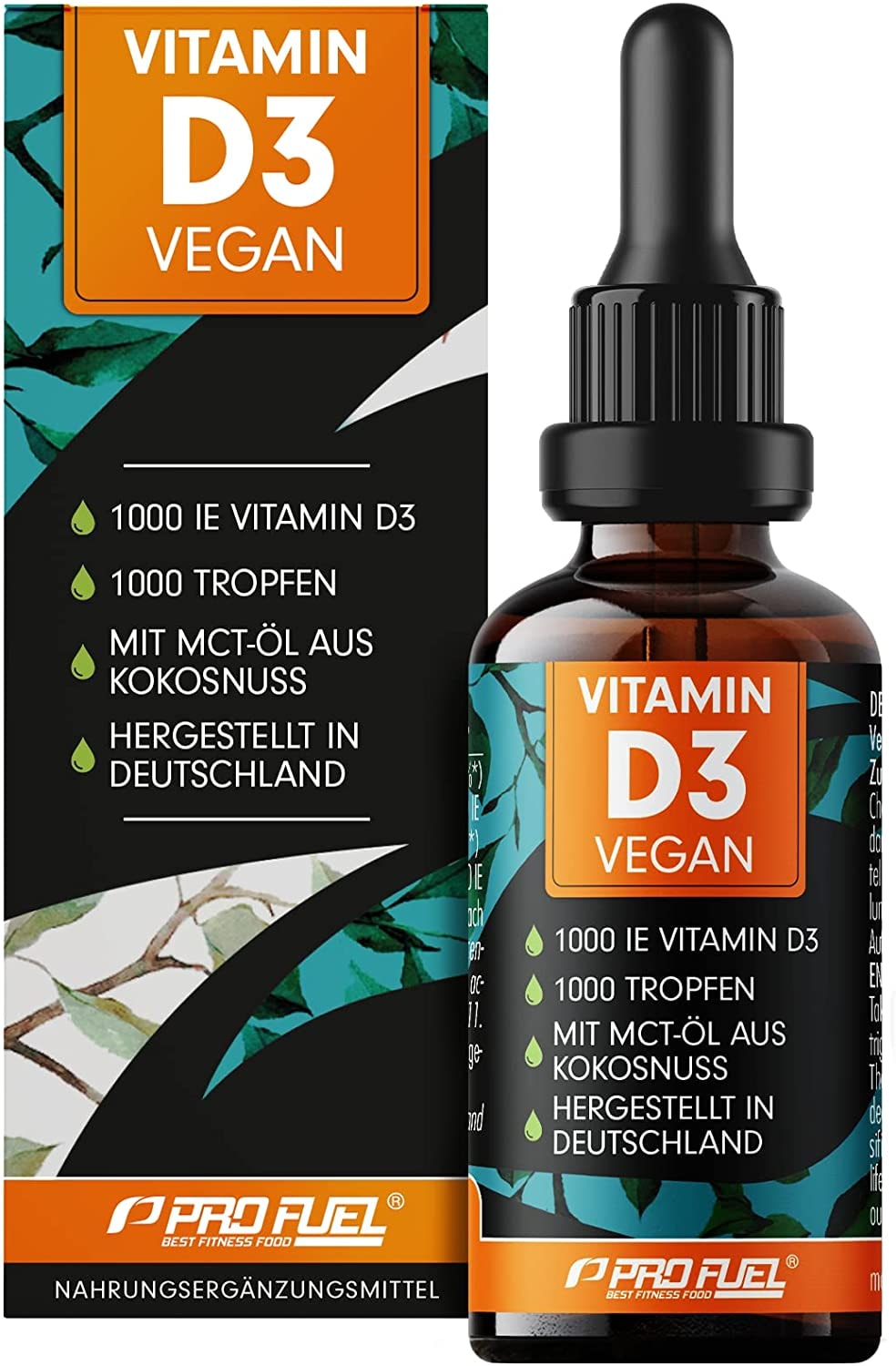 Produktbild von ProFuel Vitamin D3 vegan - 1000 Tropfen (30ml) - 1000 IE Vitamin D3 pro Tag - optimal hochdosiert und bioverfügbar - 100% pflanzliches Vitamin D3 aus Flechten - laborgeprüft, in Deutschland produziert