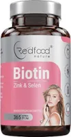 Produktbild von Redfood Vitamin B7 BIOTIN FÜR FRAUEN + ZINK + SELEN FÜR HAARE HAUT UND FINGERÄGEL · HOCHDOSIERT · BIOTIN HAARWUCHS 365 KAPSELN IN DEUTSCHER PREMIUM QUALITÄT
