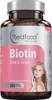 Produktbild von Redfood Vitamin B7 BIOTIN FÜR FRAUEN + ZINK + SELEN FÜR HAARE HAUT UND FINGERÄGEL · HOCHDOSIERT · BIOTIN HAARWUCHS 365 KAPSELN IN DEUTSCHER PREMIUM QUALITÄT