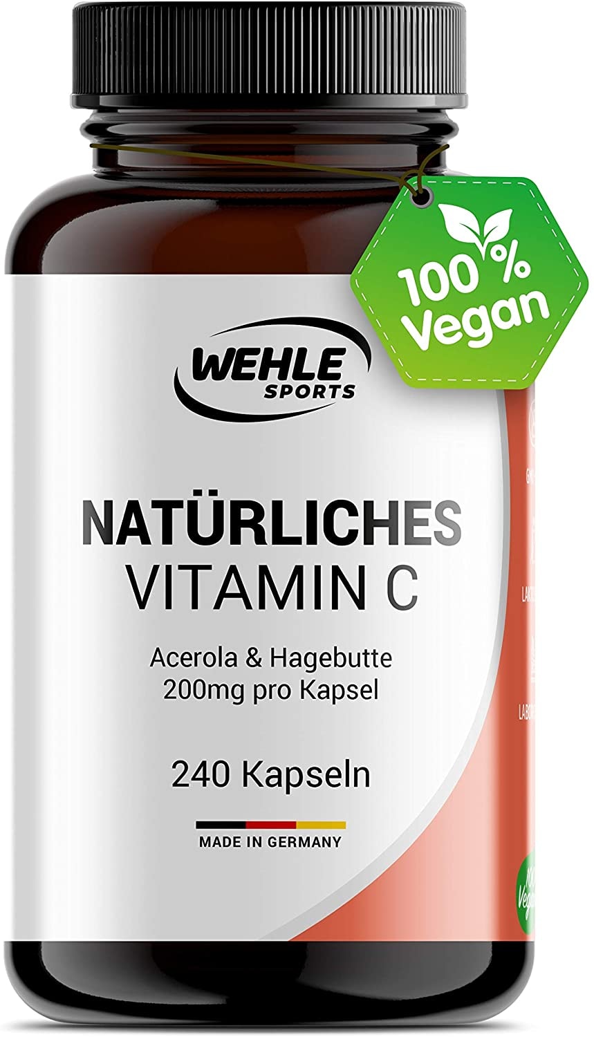 Produktbild von Wehle Sports Natürliches Vitamin C Hochdosiert - 240 Vegane Kapseln 4 Monatsvorrat Acerola-Extrakt Und Hagebutten-Extrakt 400mg Reines Vitamin C Pro Tagesdosis (2 Kapseln) Laborgeprüft