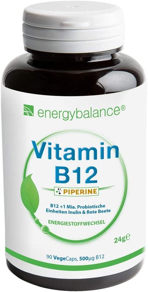Produktbild von Bewertung EnergyBalance Vitamin B12 Kapseln mit Rote Beete und Piperine Biologisch Aktiv 100% reine Zutaten Vegan Glutenfrei ohne Zusätze 500mcg  90 VegeCaps