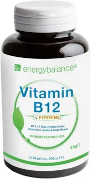 Produktbild von Bewertung EnergyBalance Vitamin B12 Kapseln mit Rote Beete und Piperine Biologisch Aktiv 100% reine Zutaten Vegan Glutenfrei ohne Zusätze 500mcg 90 VegeCaps