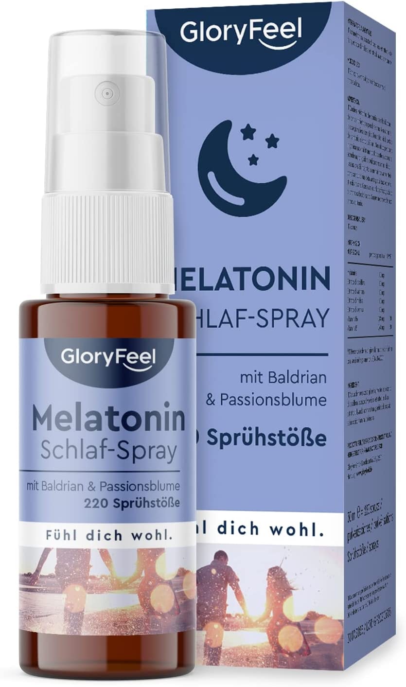 Produktbild von GloryFeel Melatonin Spray Mit Lavendel Extrakt, Baldrian, Melissen, Vitamin B6 & B1 - 0,5mg Melatonin hochdosiert, 220 Sprühstöße - 100% vegan, laborgeprüft & ohne Zusätze in Deutschland hergestellt - schlaf - JetLeg