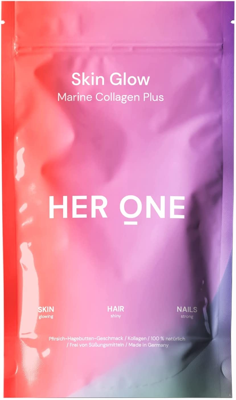 Produktbild von Bewertung HER ONE Skin Glow AntiAging Collagen Pulver Marines Kollagen Pulver aus Fisch mit Aminosäuren Collagen Drink mit Pfirsich-Hibiskus-Geschmack für ein schönes aufgepolstertes Hautbild