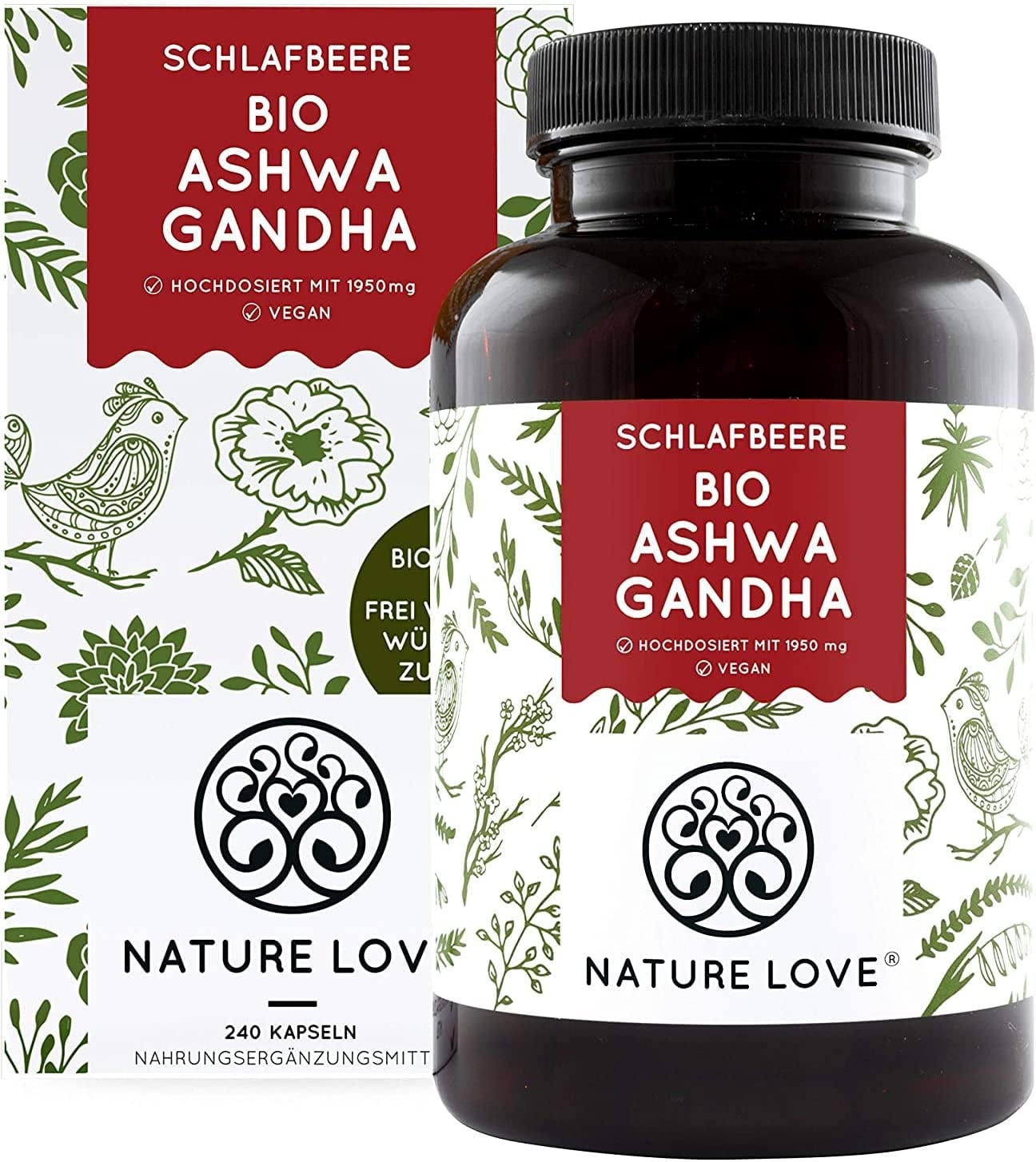 Produktbild von NATURE LOVE Bio Ashwagandha Hochdosiert mit 1950mg je Tagesdosis 240 Kapseln Hochwertige original indische Schlafbeere - Laborgeprüft, in Deutschland produziert