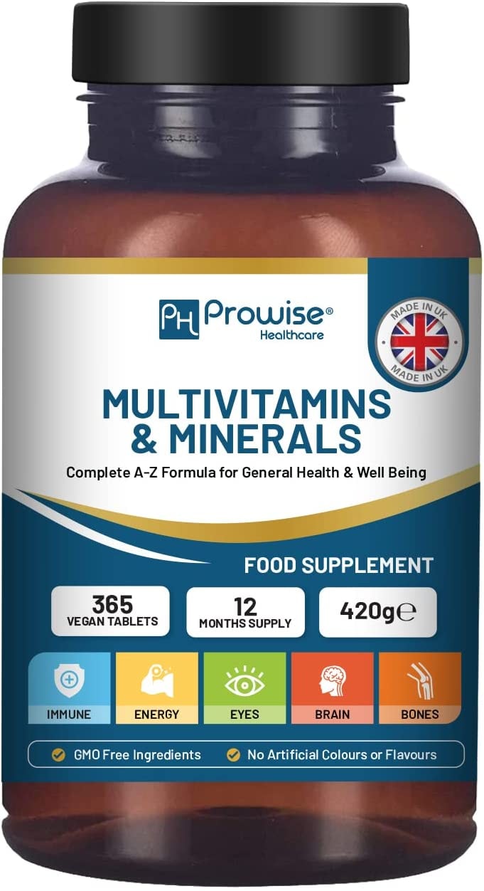 Produktbild von PH PROWISE Healthcare - A-Z Multivitamine & Mineralien I 365 vegane Tabletten (Vorrat für 1 Jahr) I 26 essentielle aktive Vitamine, Mineralien und Mikronährstoffe für Männer und Frauen I UK Hergestellt von Prowise Healthcare