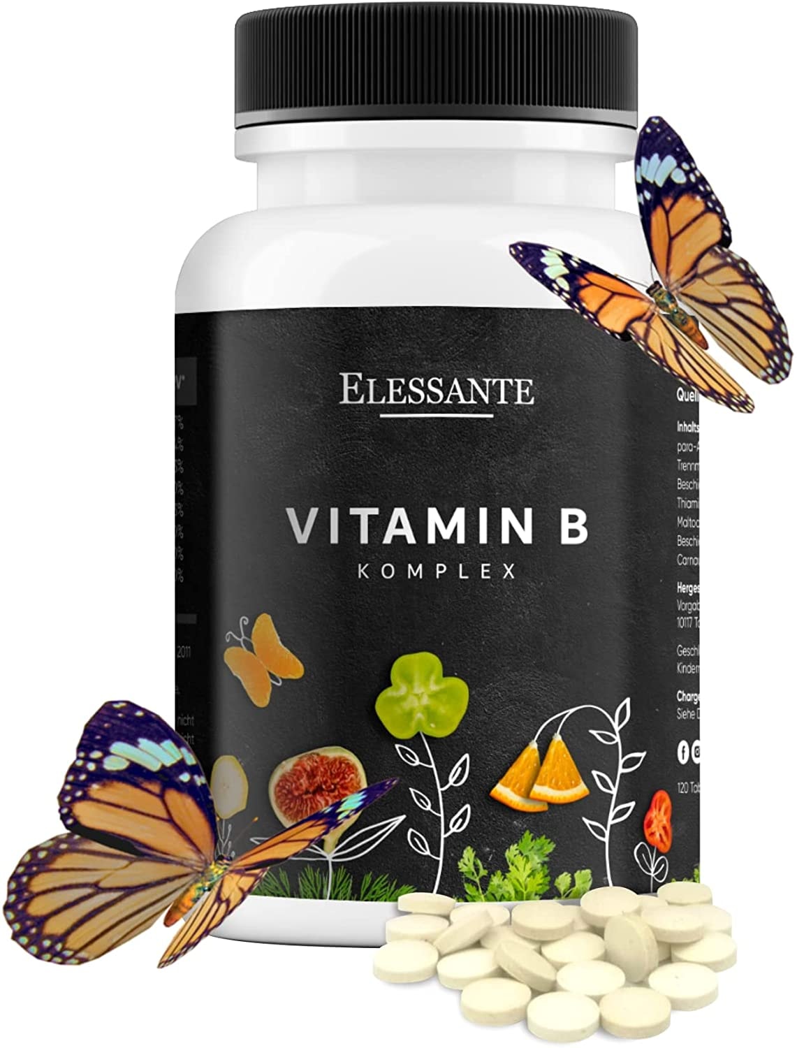 Produktbild von Elessante Vitamin B Komplex mit B12,B1 B2 B3 B5 B6 B12 + Folsäure + Biotin. B Vitamin Forte 120 Stück. B-komplex zur Immunsystems & Energie. B-Vitamine Komplex für Männer und Frauen. Vit B-Komplex Vegan