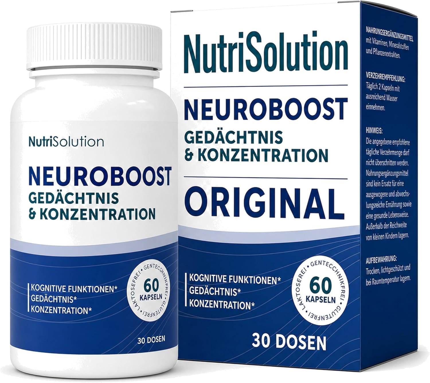 Produktbild von Bewertung NutriSolution NeuroBoost Nahrungsergänzungsmittel mit Ginkgo biloba, Vitamin B12 & Kräuterextrakten – Gedächtnis, Konzentration & kognitive Gesundheit – 60 vegane Kapseln