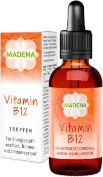 MADENA Vitamin B12 Tropfen – 2 bioaktive B12 Formen Methyl- und Adenosylcobalamin + Depotform Hydroxocobalamin hochdosiert 250 µg pro Tropfen – vegan – 50 ml